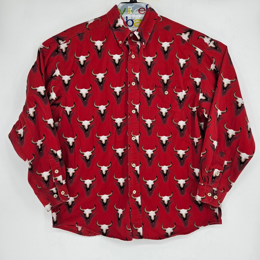 Vintage Barn Fly Shirt Mens Large Western All Over Print Longhorns Button Down‎